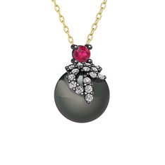 Afra İnci Kolye - Rodolit garnet, beyaz zirkon ve siyah inci 925 ayar siyah rodyum kaplama gümüş kolye (40 cm altın rolo zincir) #1e354h5