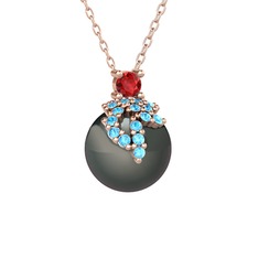 Afra İnci Kolye - Garnet, akuamarin ve siyah inci 8 ayar rose altın kolye (40 cm rose altın rolo zincir) #1ejgz85