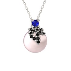 Lab safir, siyah zirkon ve pembe inci 14 ayar beyaz altın kolye (40 cm beyaz altın rolo zincir)