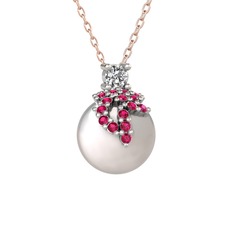 Afra İnci Kolye - Beyaz zirkon, rodolit garnet ve inci 14 ayar beyaz altın kolye (40 cm rose altın rolo zincir) #1ffmcjt