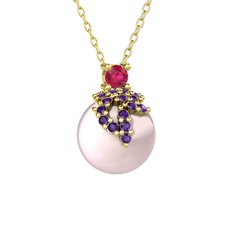 Afra İnci Kolye - Rodolit garnet, ametist ve pembe inci 925 ayar altın kaplama gümüş kolye (40 cm altın rolo zincir) #1fhd3c9