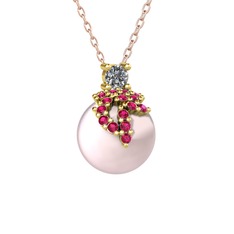 Afra İnci Kolye - Pırlanta, rodolit garnet ve pembe inci 18 ayar altın kolye (0.11 karat, 40 cm gümüş rolo zincir) #1fhludh