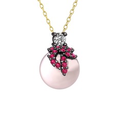 Afra İnci Kolye - Beyaz zirkon, rodolit garnet ve pembe inci 925 ayar siyah rodyum kaplama gümüş kolye (40 cm altın rolo zincir) #1fj5ut7
