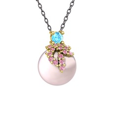Afra İnci Kolye - Akuamarin, pembe kuvars ve pembe inci 925 ayar altın kaplama gümüş kolye (40 cm gümüş rolo zincir) #1fv0xjs