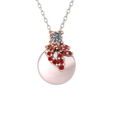 Afra İnci Kolye - Pırlanta, garnet ve pembe inci 14 ayar rose altın kolye (0.11 karat, 40 cm beyaz altın rolo zincir) #1g30asm