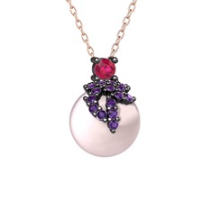 Afra İnci Kolye - Rodolit garnet, ametist ve pembe inci 925 ayar siyah rodyum kaplama gümüş kolye (40 cm rose altın rolo zincir) #1ge4v43