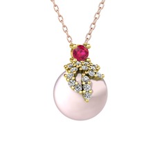 Rodolit garnet, beyaz zirkon ve pembe inci 925 ayar altın kaplama gümüş kolye (40 cm rose altın rolo zincir)