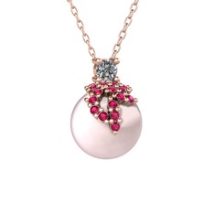 Afra İnci Kolye - Pırlanta, rodolit garnet ve pembe inci 14 ayar rose altın kolye (0.11 karat, 40 cm rose altın rolo zincir) #1gjrocl