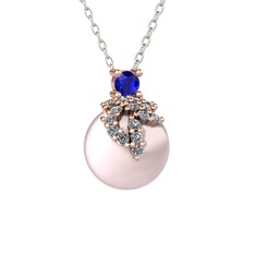 Afra İnci Kolye - Lab safir, pırlanta ve pembe inci 14 ayar rose altın kolye (0.176 karat, 40 cm beyaz altın rolo zincir) #1h21pv9