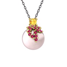 Afra İnci Kolye - Sitrin, rodolit garnet ve pembe inci 14 ayar altın kolye (40 cm gümüş rolo zincir) #1hefu1i