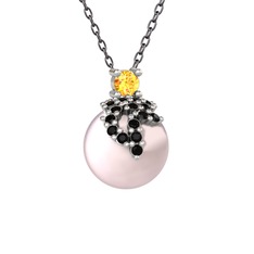 Afra İnci Kolye - Sitrin, siyah zirkon ve pembe inci 14 ayar beyaz altın kolye (40 cm gümüş rolo zincir) #1hkwprx