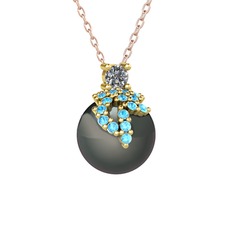 Afra İnci Kolye - Pırlanta, akuamarin ve siyah inci 14 ayar altın kolye (0.11 karat, 40 cm rose altın rolo zincir) #1hpbr6k