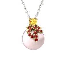 Sitrin, garnet ve pembe inci 14 ayar altın kolye (40 cm beyaz altın rolo zincir)
