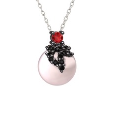 Afra İnci Kolye - Garnet, siyah zirkon ve pembe inci 925 ayar siyah rodyum kaplama gümüş kolye (40 cm gümüş rolo zincir) #1htvan8