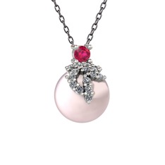 Rodolit garnet, pırlanta ve pembe inci 18 ayar beyaz altın kolye (0.176 karat, 40 cm gümüş rolo zincir)