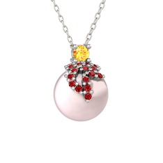 Sitrin, garnet ve pembe inci 18 ayar beyaz altın kolye (40 cm beyaz altın rolo zincir)