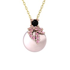 Afra İnci Kolye - Siyah zirkon, pembe kuvars ve pembe inci 8 ayar rose altın kolye (40 cm altın rolo zincir) #1i429oa