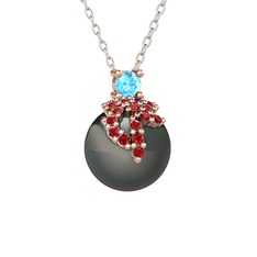 Akuamarin, garnet ve siyah inci 925 ayar rose altın kaplama gümüş kolye (40 cm beyaz altın rolo zincir)
