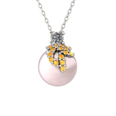 Pırlanta, sitrin ve pembe inci 18 ayar beyaz altın kolye (0.11 karat, 40 cm beyaz altın rolo zincir)