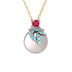 Afra İnci Kolye - Rodolit garnet, akuamarin ve inci 18 ayar rose altın kolye (40 cm altın rolo zincir) #1iqqs35