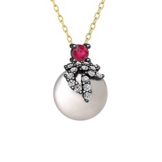 Afra İnci Kolye - Rodolit garnet, beyaz zirkon ve inci 925 ayar siyah rodyum kaplama gümüş kolye (40 cm gümüş rolo zincir) #1jjq6ts