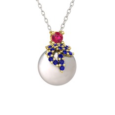 Rodolit garnet, lab safir ve inci 18 ayar altın kolye (40 cm beyaz altın rolo zincir)
