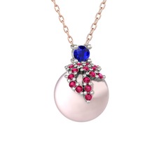 Lab safir, rodolit garnet ve pembe inci 18 ayar beyaz altın kolye (40 cm rose altın rolo zincir)