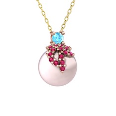 Akuamarin, rodolit garnet ve pembe inci 925 ayar rose altın kaplama gümüş kolye (40 cm altın rolo zincir)