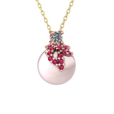 Afra İnci Kolye - Pırlanta, rodolit garnet ve pembe inci 925 ayar rose altın kaplama gümüş kolye (0.11 karat, 40 cm altın rolo zincir) #1kg6ef