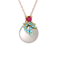 Afra İnci Kolye - Rodolit garnet, akuamarin ve inci 18 ayar altın kolye (40 cm rose altın rolo zincir) #1ky8lyh