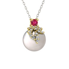Rodolit garnet, beyaz zirkon ve inci 8 ayar altın kolye (40 cm gümüş rolo zincir)