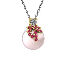 Pırlanta, rodolit garnet ve pembe inci 18 ayar altın kolye (0.11 karat, 40 cm gümüş rolo zincir)