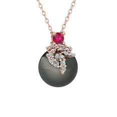 Afra İnci Kolye - Rodolit garnet, beyaz zirkon ve siyah inci 14 ayar rose altın kolye (40 cm rose altın rolo zincir) #1lntcfx
