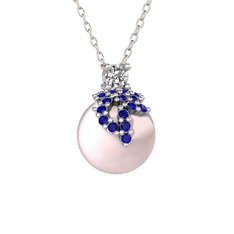 Afra İnci Kolye - Beyaz zirkon, lab safir ve pembe inci 8 ayar beyaz altın kolye (40 cm beyaz altın rolo zincir) #1lr3x55