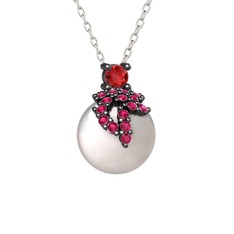 Garnet, rodolit garnet ve inci 925 ayar siyah rodyum kaplama gümüş kolye (40 cm beyaz altın rolo zincir)