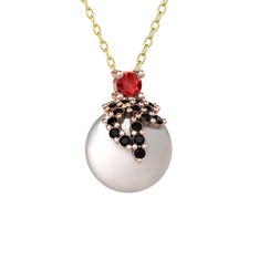 Garnet, siyah zirkon ve inci 18 ayar rose altın kolye (40 cm altın rolo zincir)