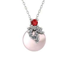 Afra İnci Kolye - Garnet, pırlanta ve pembe inci 8 ayar beyaz altın kolye (0.176 karat, 40 cm beyaz altın rolo zincir) #1m5oo7m
