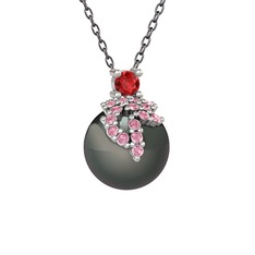 Afra İnci Kolye - Garnet, pembe kuvars ve siyah inci 14 ayar beyaz altın kolye (40 cm gümüş rolo zincir) #1m9gxi5