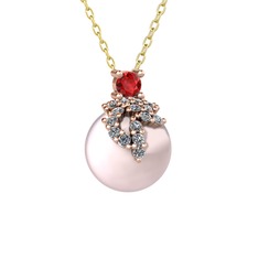 Afra İnci Kolye - Garnet, pırlanta ve pembe inci 925 ayar rose altın kaplama gümüş kolye (0.176 karat, 40 cm altın rolo zincir) #1mtz6ut