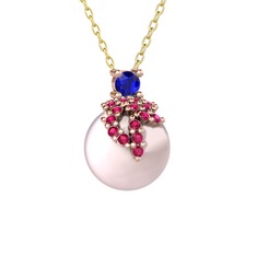 Lab safir, rodolit garnet ve pembe inci 925 ayar rose altın kaplama gümüş kolye (40 cm altın rolo zincir)