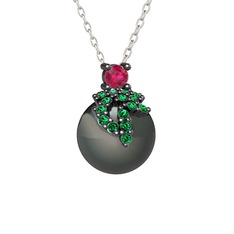 Rodolit garnet, yeşil kuvars ve siyah inci 925 ayar siyah rodyum kaplama gümüş kolye (40 cm beyaz altın rolo zincir)