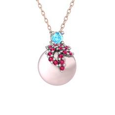 Akuamarin, rodolit garnet ve pembe inci 18 ayar beyaz altın kolye (40 cm rose altın rolo zincir)