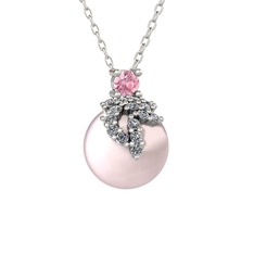 Pembe kuvars, pırlanta ve pembe inci 8 ayar beyaz altın kolye (0.176 karat, 40 cm beyaz altın rolo zincir)