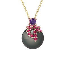 Afra İnci Kolye - Ametist, rodolit garnet ve siyah inci 8 ayar rose altın kolye (40 cm altın rolo zincir) #1nx1i46
