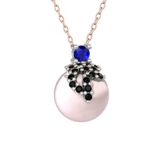 Lab safir, siyah zirkon ve pembe inci 18 ayar beyaz altın kolye (40 cm rose altın rolo zincir)