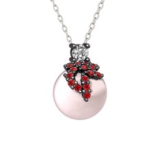 Afra İnci Kolye - Beyaz zirkon, garnet ve pembe inci 925 ayar siyah rodyum kaplama gümüş kolye (40 cm gümüş rolo zincir) #1o5ak4k