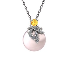 Sitrin, pırlanta ve pembe inci 925 ayar gümüş kolye (0.176 karat, 40 cm gümüş rolo zincir)