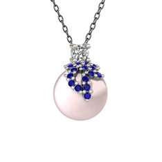 Beyaz zirkon, lab safir ve pembe inci 925 ayar gümüş kolye (40 cm gümüş rolo zincir)