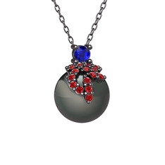Afra İnci Kolye - Lab safir, garnet ve siyah inci 925 ayar siyah rodyum kaplama gümüş kolye (40 cm gümüş rolo zincir) #1ong5hn