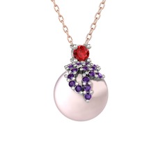 Garnet, ametist ve pembe inci 14 ayar beyaz altın kolye (40 cm gümüş rolo zincir)